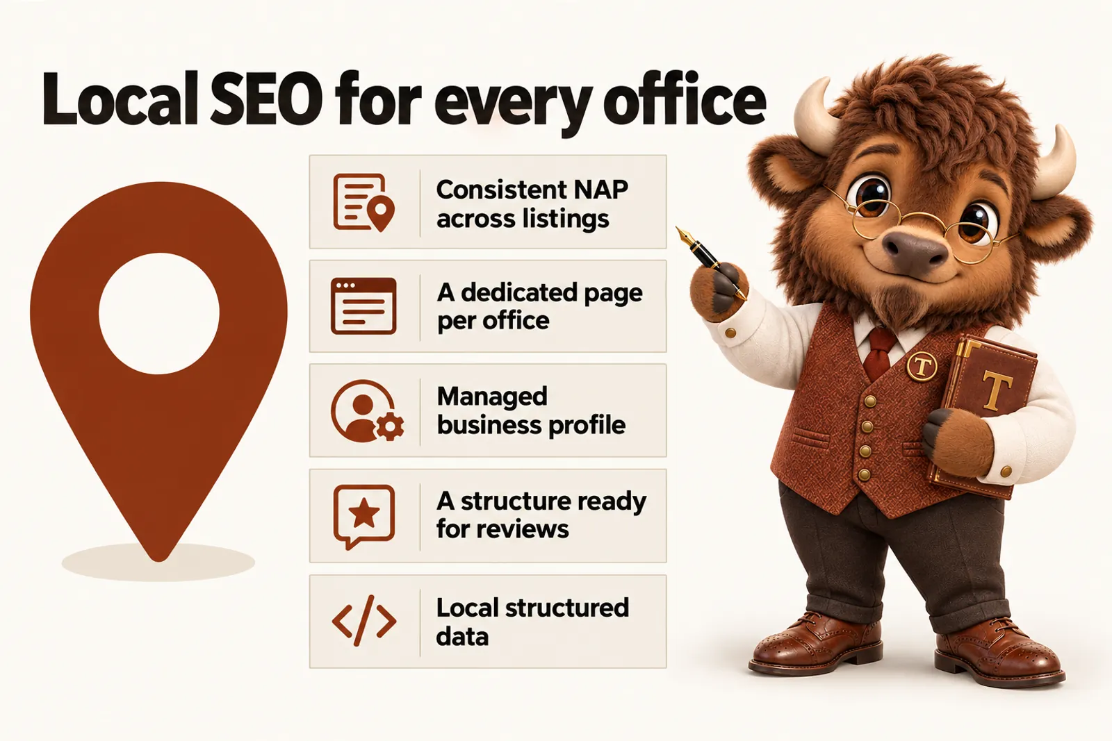Infographic with Tate the bison mascot: Local SEO for every office. Consistent NAP across listings; A dedicated page per office; Managed business profile; A structure ready for reviews; Local structured data.