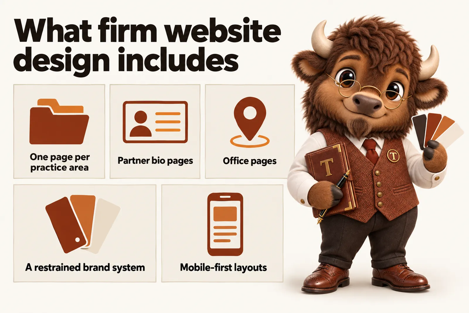 Infographic with Tate the bison mascot: What firm website design includes. One page per practice area; Partner bio pages; Office pages; A restrained brand system; Mobile-first layouts.