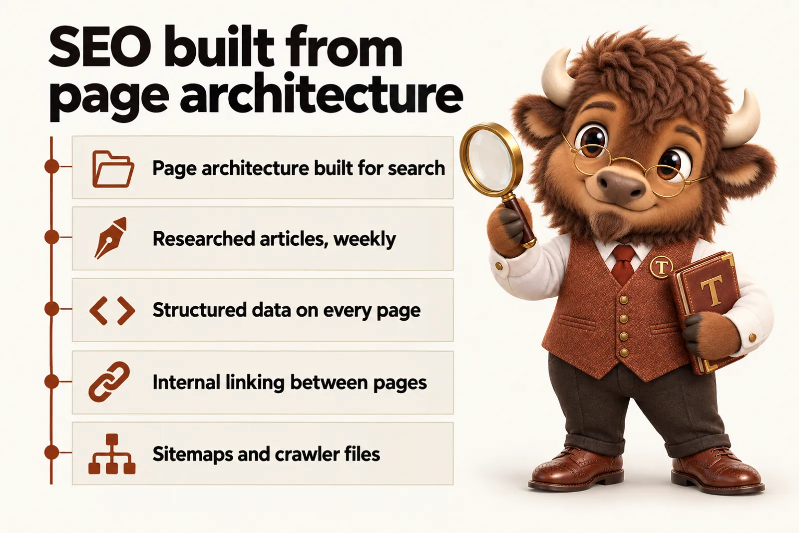 Infographic with Tate the bison mascot: SEO built from page architecture. Page architecture built for search; Researched articles, weekly; Structured data on every page; Internal linking between pages; Sitemaps and crawler files.