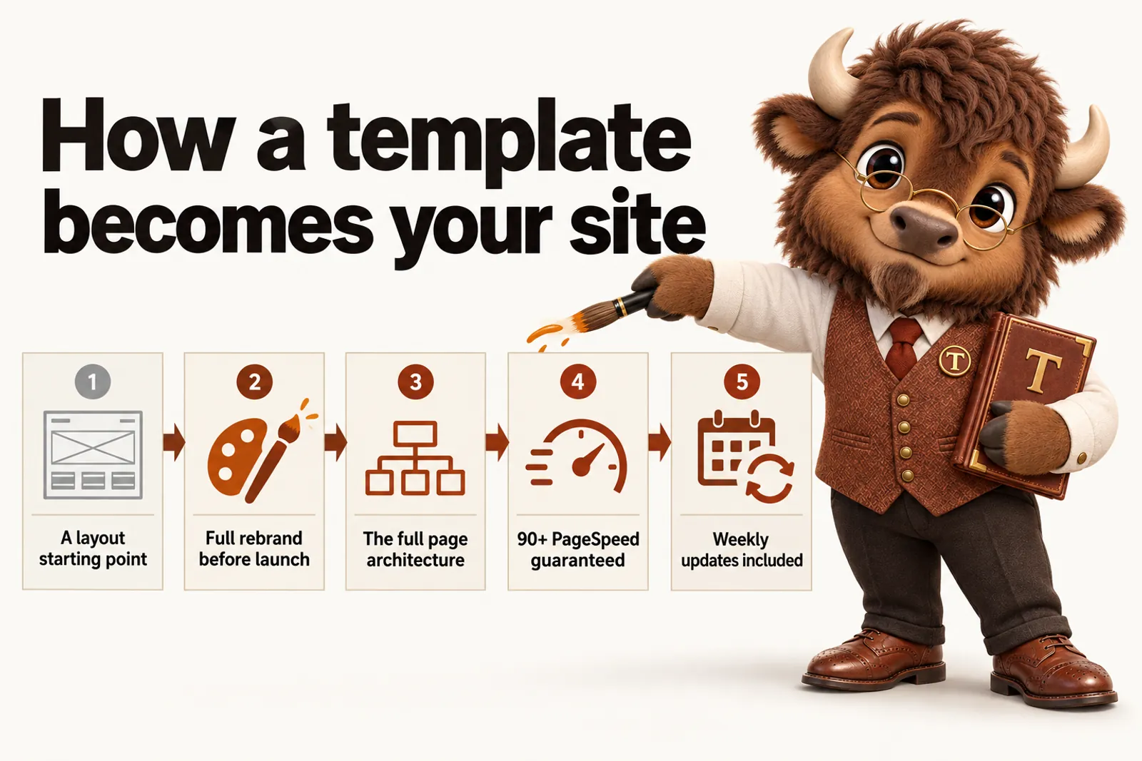 Infographic with Tate the bison mascot: How a template becomes your site. A layout starting point; Full rebrand before launch; The full page architecture; 90+ PageSpeed guaranteed; Weekly updates included.