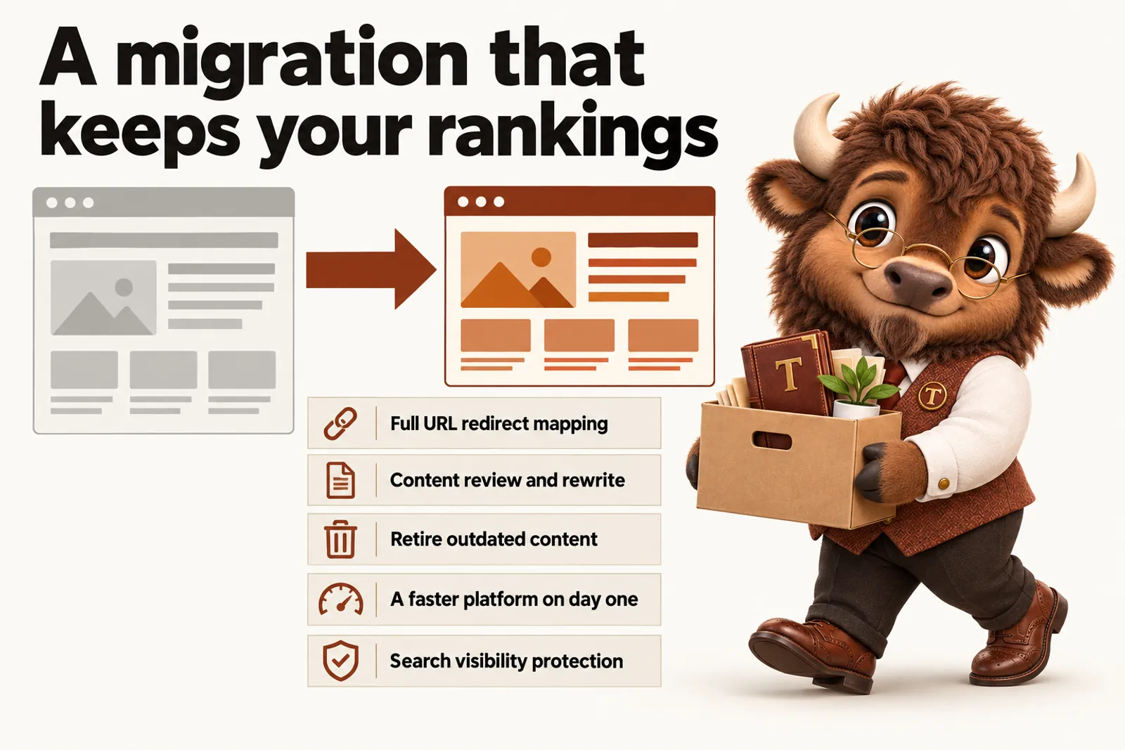 Infographic with Tate the bison mascot: A migration that keeps your rankings. Full URL redirect mapping; Content review and rewrite; Retire outdated content; A faster platform on day one; Search visibility protection.