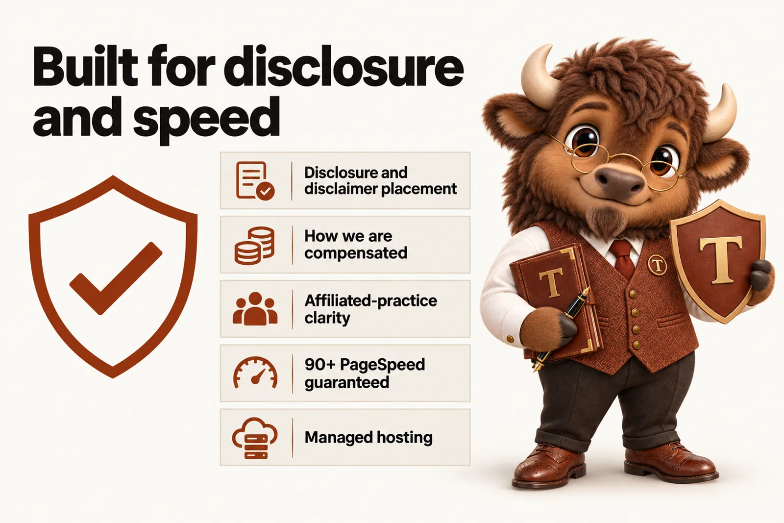Infographic with Tate the bison mascot: Built for disclosure and speed. Disclosure and disclaimer placement; How we are compensated; Affiliated-practice clarity; 90+ PageSpeed guaranteed; Managed hosting.