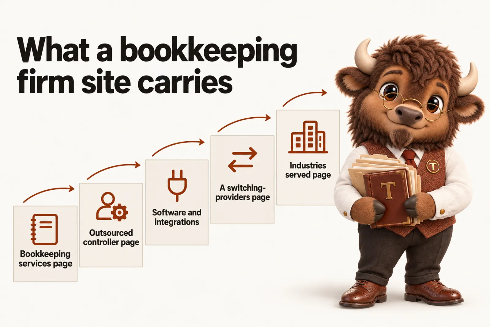 Infographic with Tate the bison mascot: What a bookkeeping firm site carries. Bookkeeping services page; Outsourced controller page; Software and integrations; A switching-providers page; Industries served page.