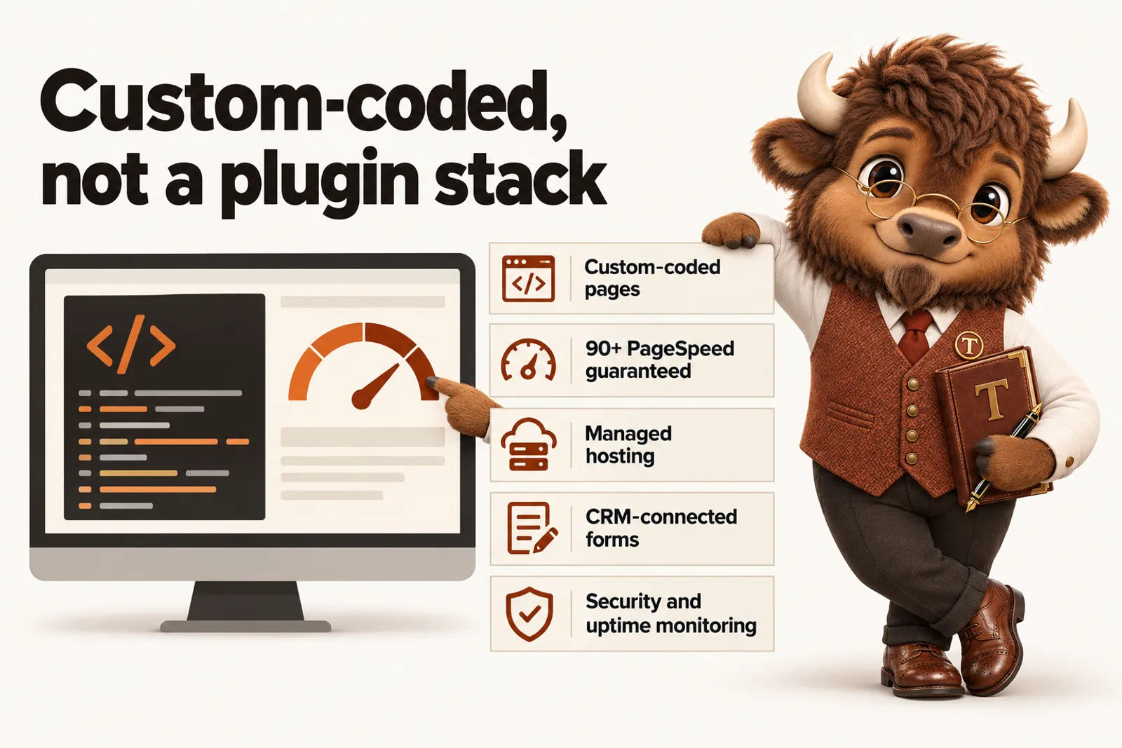 Infographic with Tate the bison mascot: Custom-coded, not a plugin stack. Custom-coded pages; 90+ PageSpeed guaranteed; Managed hosting; CRM-connected forms; Security and uptime monitoring.