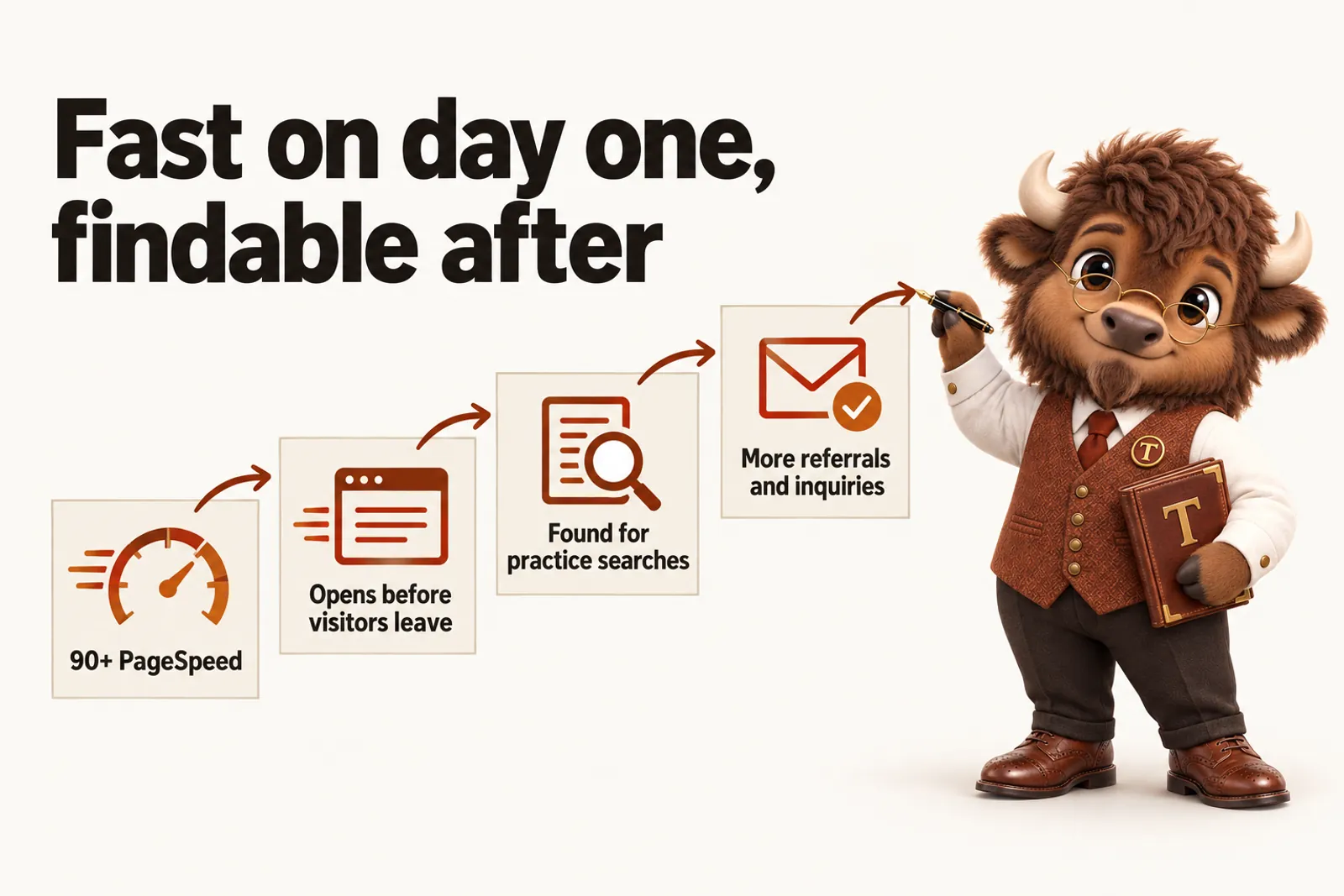 Infographic with Tate the bison mascot: Fast on day one, findable after. 90+ PageSpeed, leads to pages that open before visitors leave, leads to being found for practice searches, leads to more referrals and inquiries.