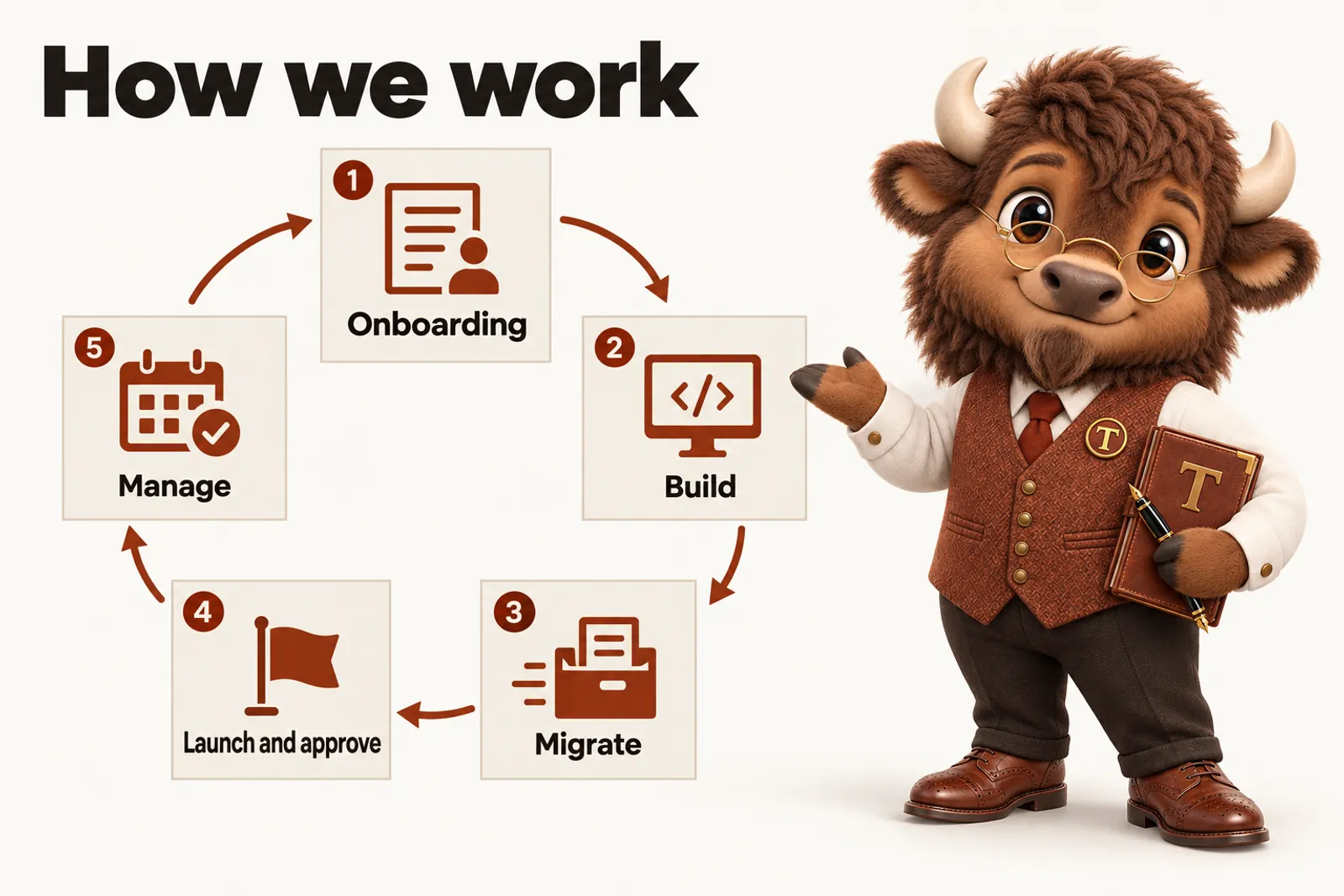 Infographic with Tate the bison mascot: How we work. Onboarding; Build; Migrate; Launch and approve; Manage.