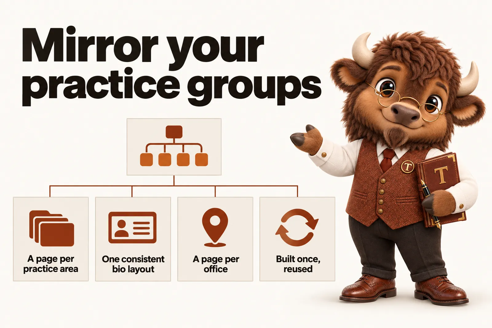 Infographic with Tate the bison mascot: Mirror your practice groups. A page per practice area; One consistent bio layout; A page per office; Built once, reused.