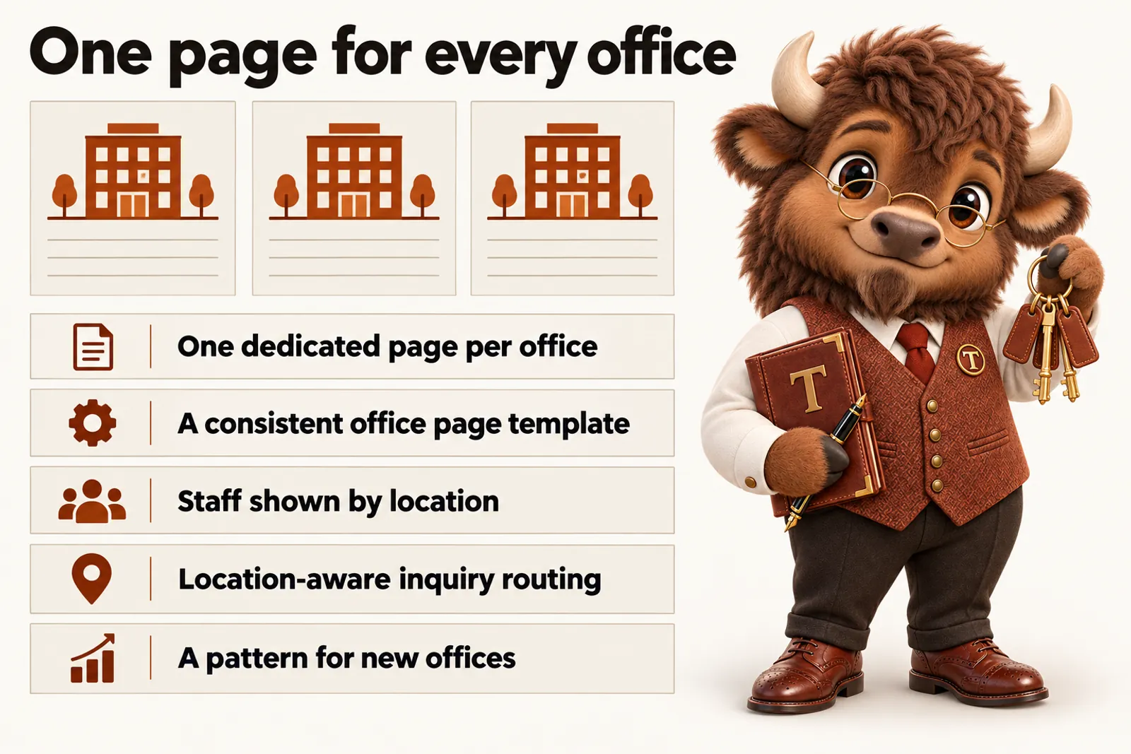 Infographic with Tate the bison mascot: One page for every office. One dedicated page per office; A consistent office page template; Staff shown by location; Location-aware inquiry routing; A pattern for new offices.