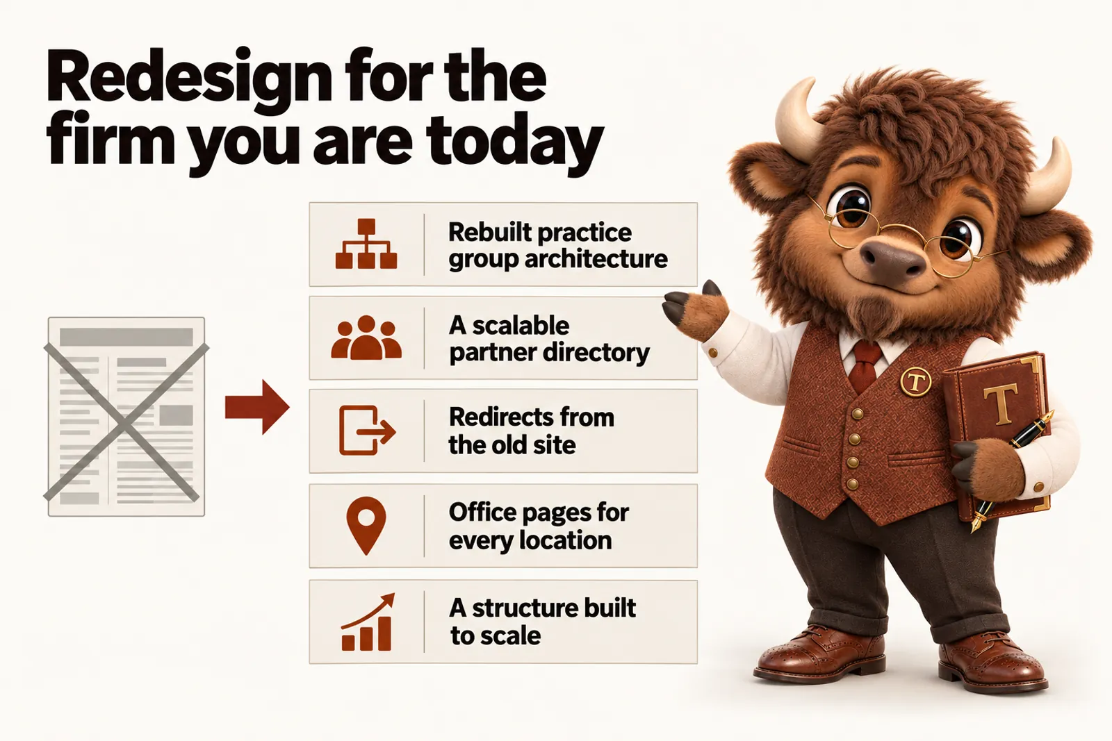 Infographic with Tate the bison mascot: Redesign for the firm you are today. Rebuilt practice group architecture; A scalable partner directory; Redirects from the old site; Office pages for every location; A structure built to scale.