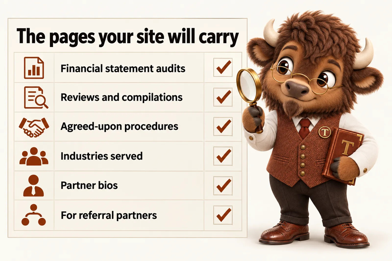 Infographic with Tate the bison mascot: The pages your site will carry. Financial statement audits; Reviews and compilations; Agreed-upon procedures; Industries served; Partner bios; For referral partners.