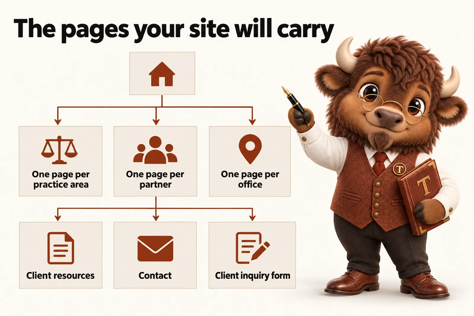 Infographic with Tate the bison mascot: The pages your site will carry. One page per practice area; One page per partner; One page per office; Client resources; Contact; Client inquiry form.