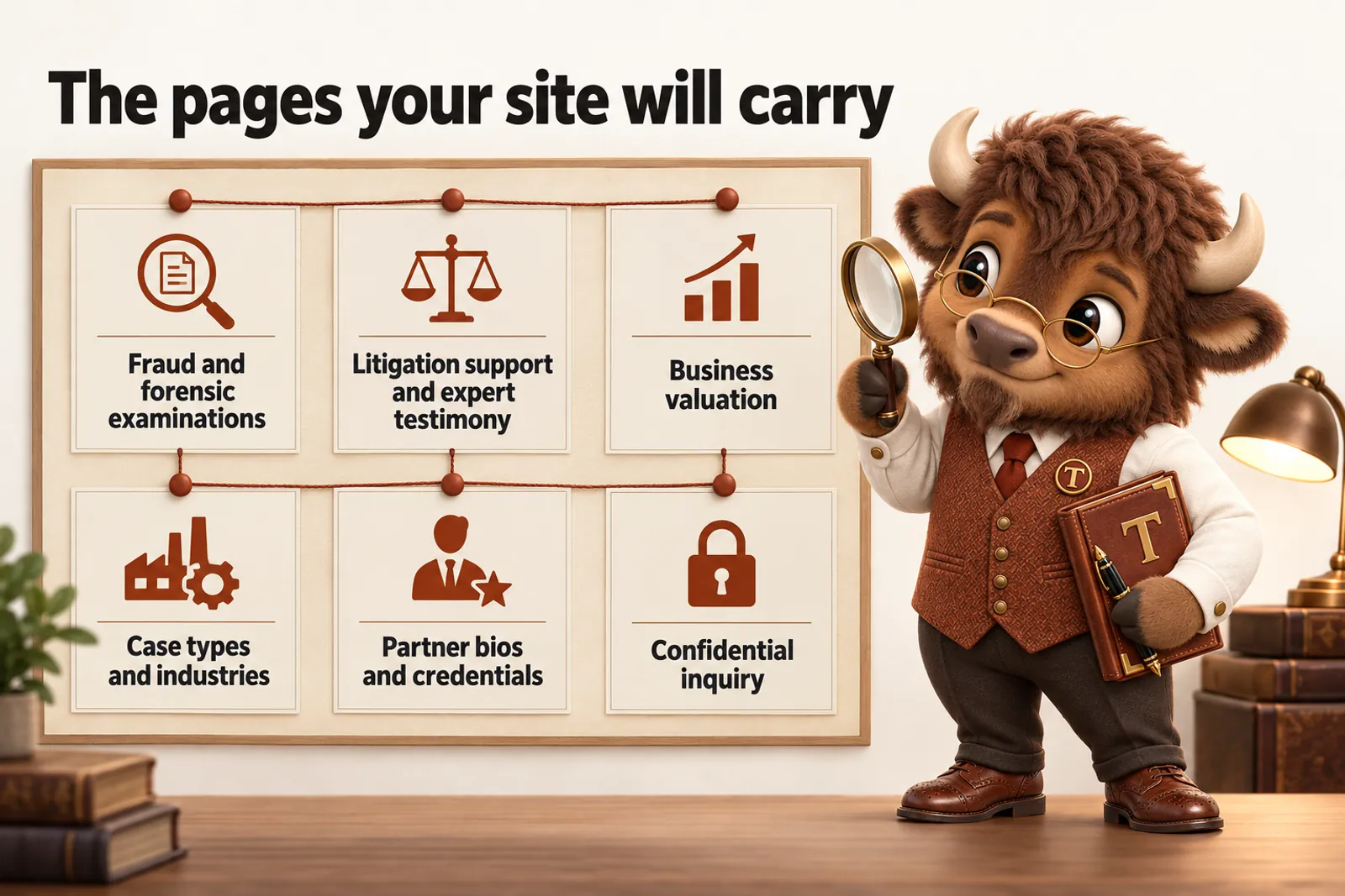 Infographic with Tate the bison mascot: The pages your site will carry. Fraud and forensic examinations; Litigation support and expert testimony; Business valuation; Case types and industries; Partner bios and credentials; Confidential inquiry.