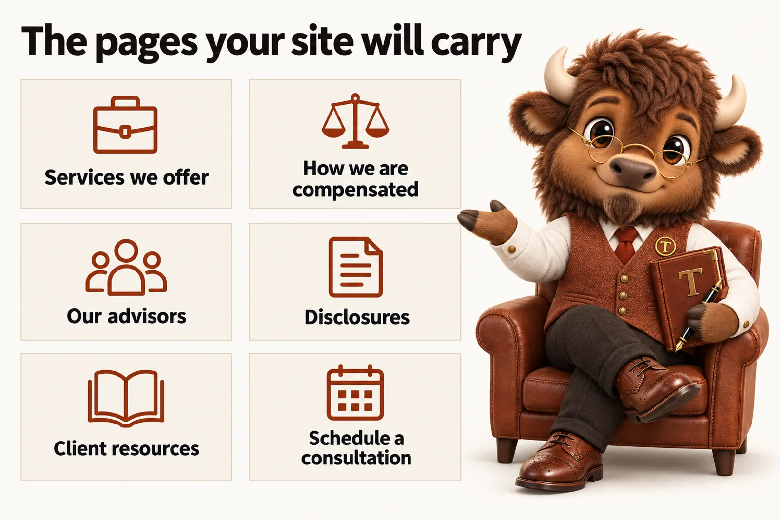 Infographic with Tate the bison mascot: The pages your site will carry. Services we offer; How we are compensated; Our advisors; Disclosures; Client resources; Schedule a consultation.