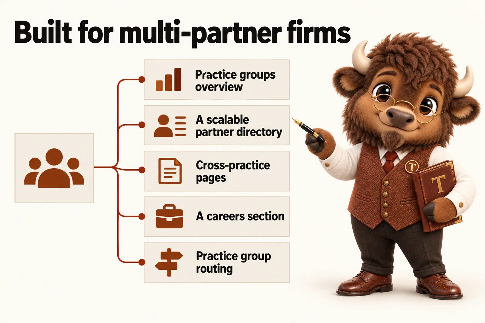 Infographic with Tate the bison mascot: Built for multi-partner firms. Practice groups overview; A scalable partner directory; Cross-practice pages; A careers section; Practice group routing.