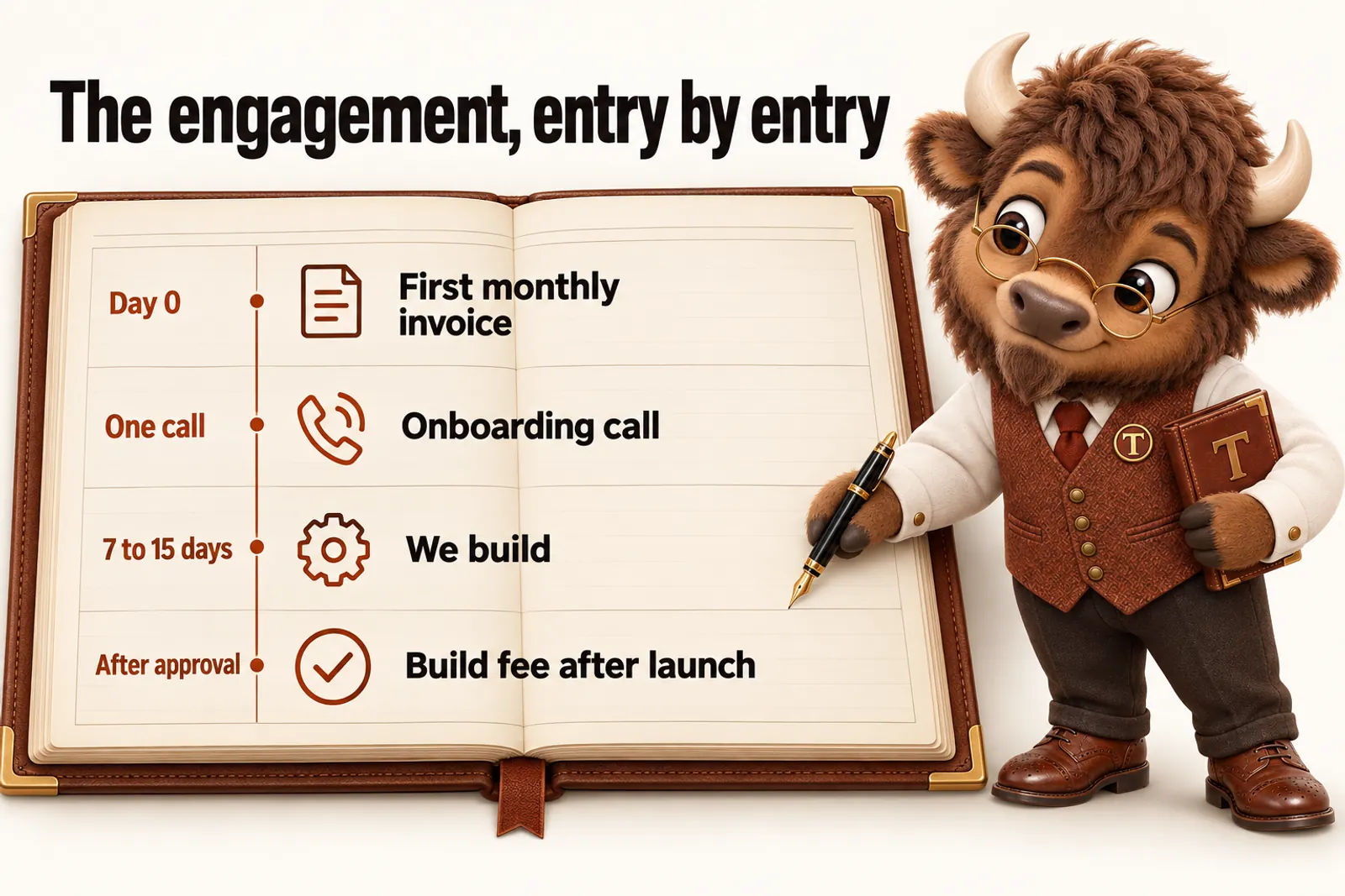 Infographic with Tate the bison mascot writing in a ledger: The engagement, entry by entry. First monthly invoice, Day 0; Onboarding call, one call; We build, 7 to 15 days; Build fee after launch, after approval.