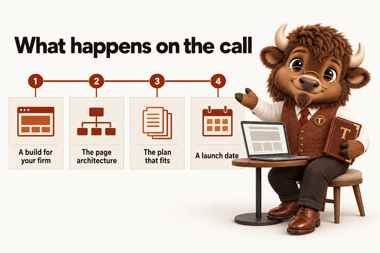 Infographic with Tate the bison mascot: What happens on the call. A build for your firm; The page architecture; The plan that fits; A launch date.