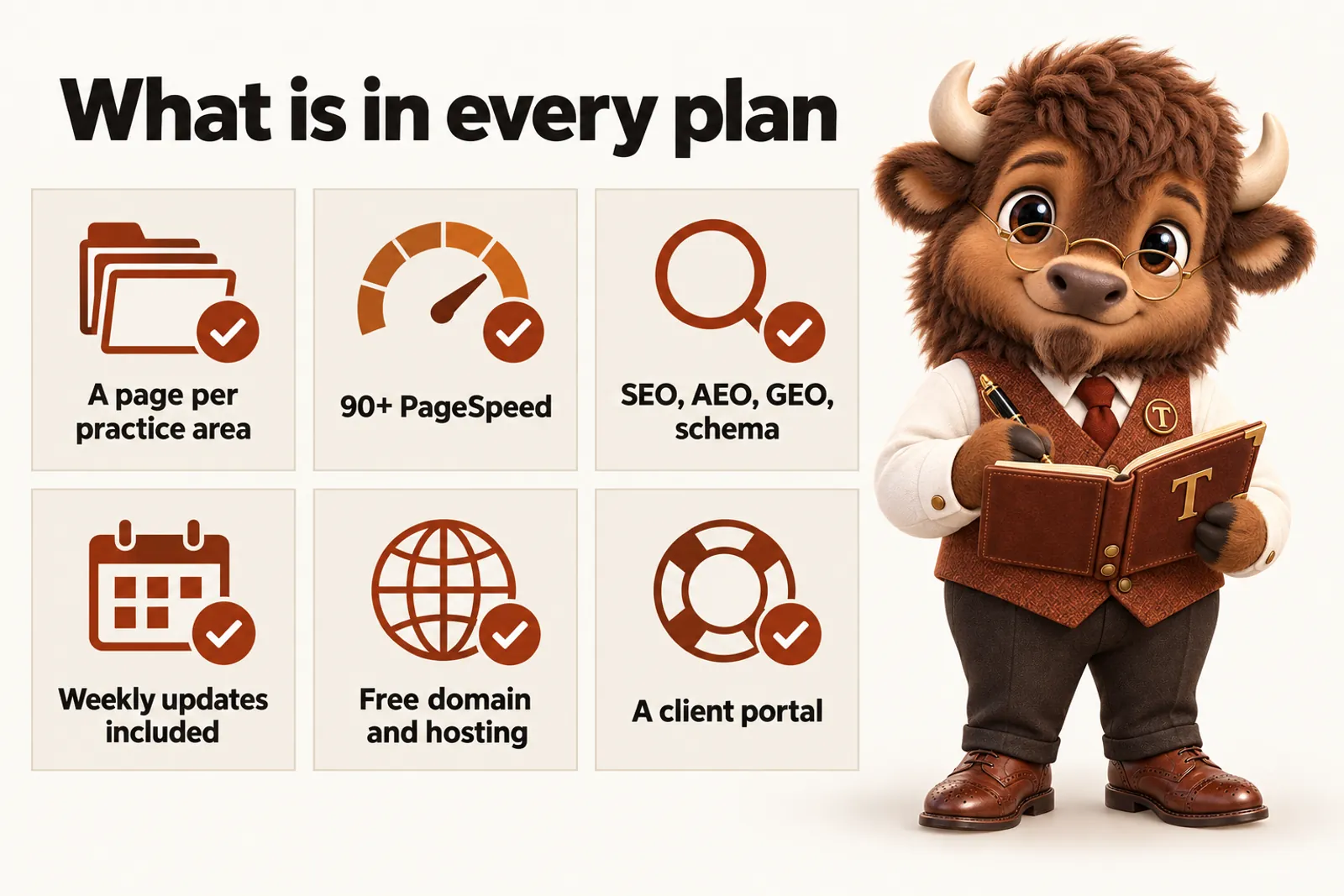 Infographic with Tate the bison mascot: What is in every plan. A page per practice area; 90+ PageSpeed; SEO, AEO, GEO, schema; Weekly updates included; Free domain and hosting; A client portal.