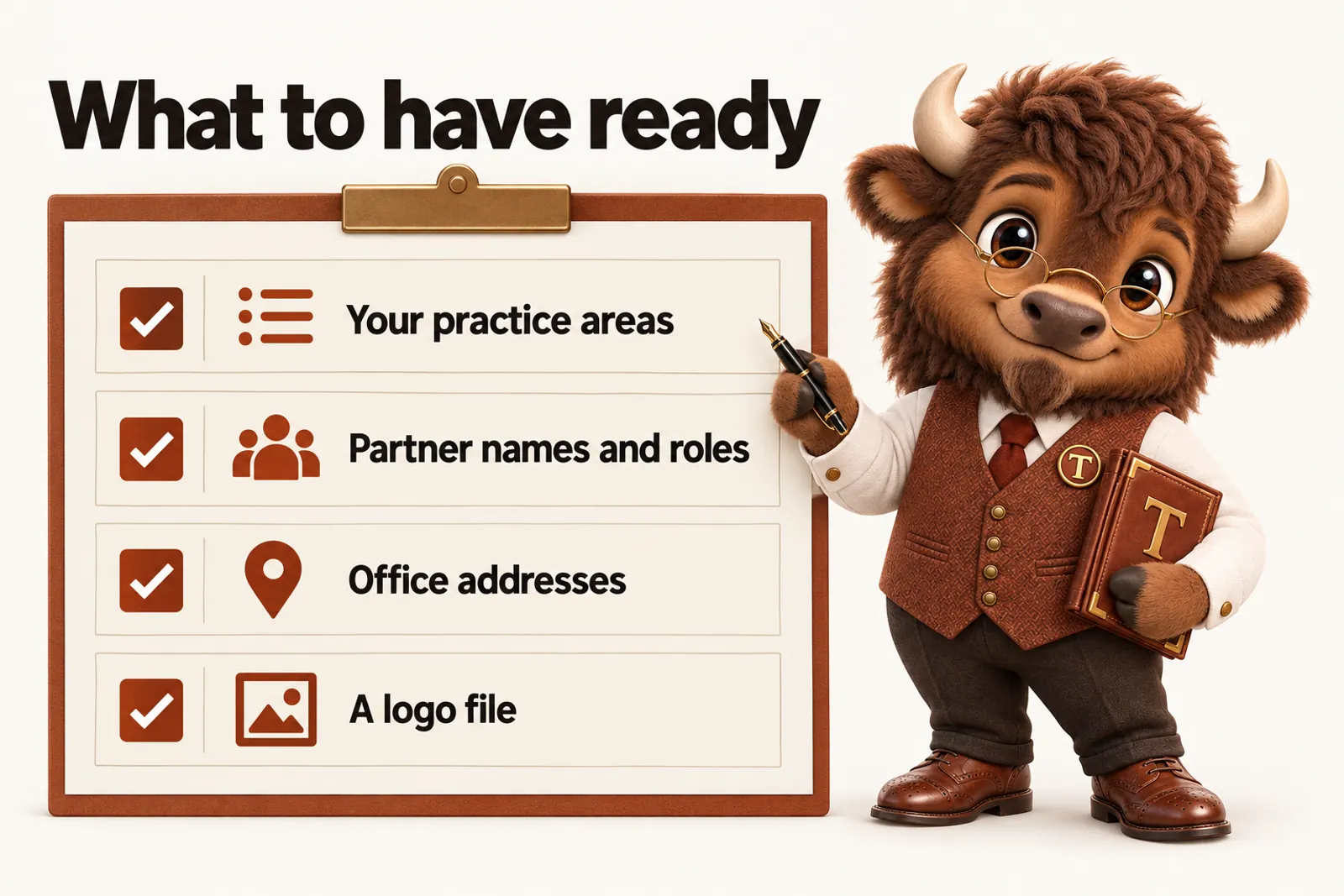 Infographic with Tate the bison mascot: What to have ready. Your practice areas; Partner names and roles; Office addresses; A logo file.