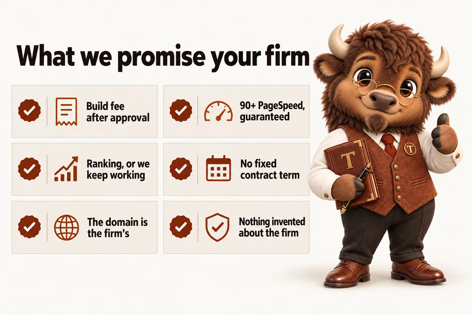 Infographic with Tate the bison mascot: What we promise your firm. Build fee after approval; 90+ PageSpeed, guaranteed; Ranking, or we keep working; No fixed contract term; The domain is the firm's; Nothing invented about the firm.