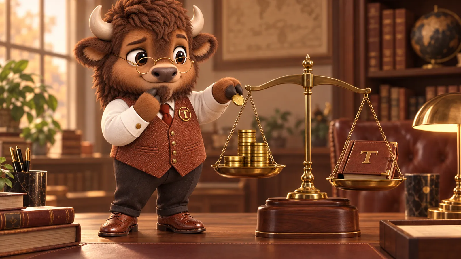 Tate, the FirmWebStudio bison mascot, weighing coins against a leather ledger on a brass balance scale