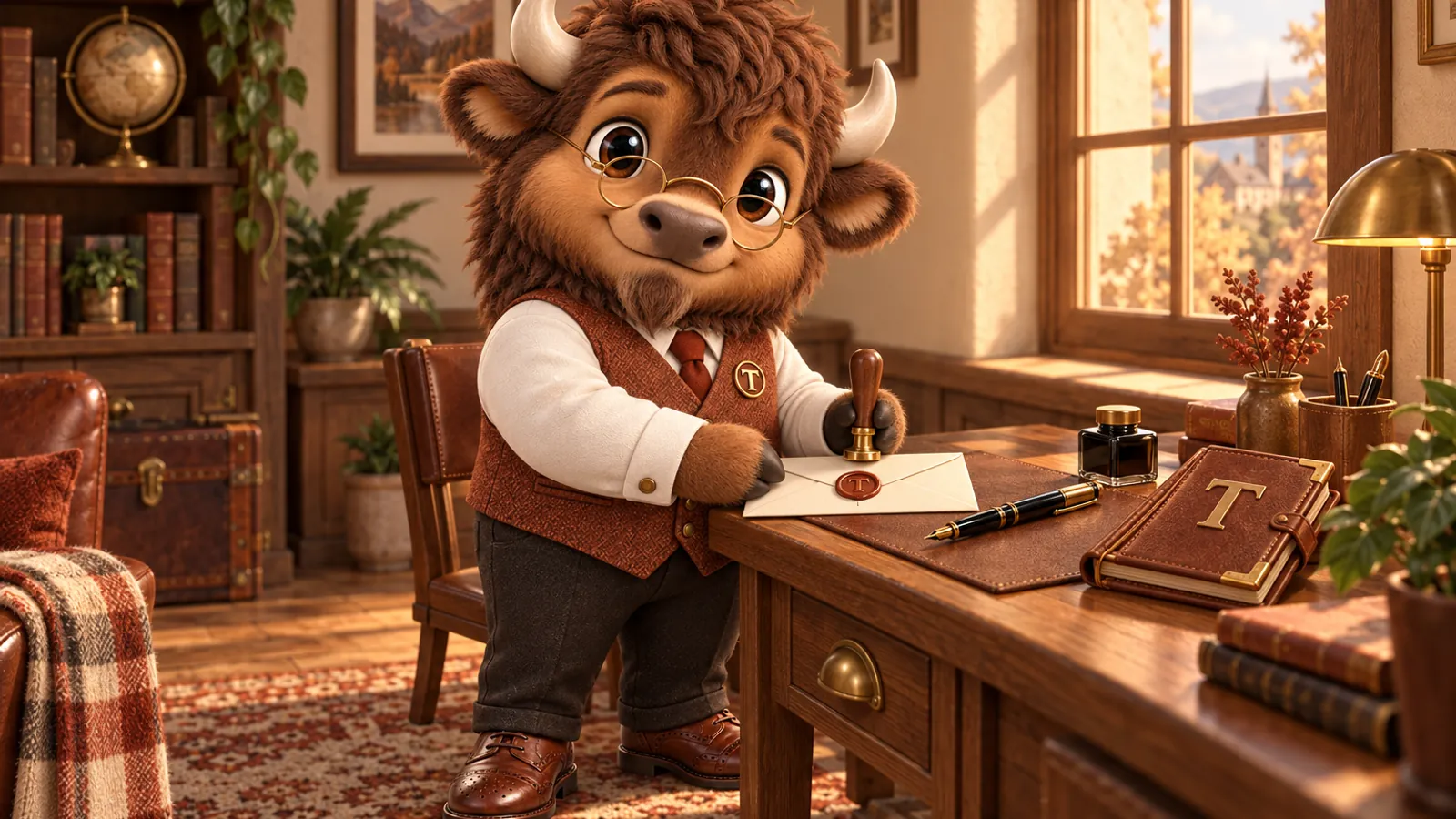 Tate, the FirmWebStudio bison mascot, sealing a cream envelope with a rust wax seal at a writing desk