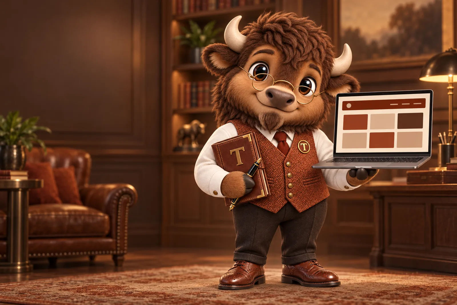 Tate, the FirmWebStudio bison mascot, holding up a laptop that shows a website laid out as a grid of practice-area tiles, in a wood-panelled partner's office