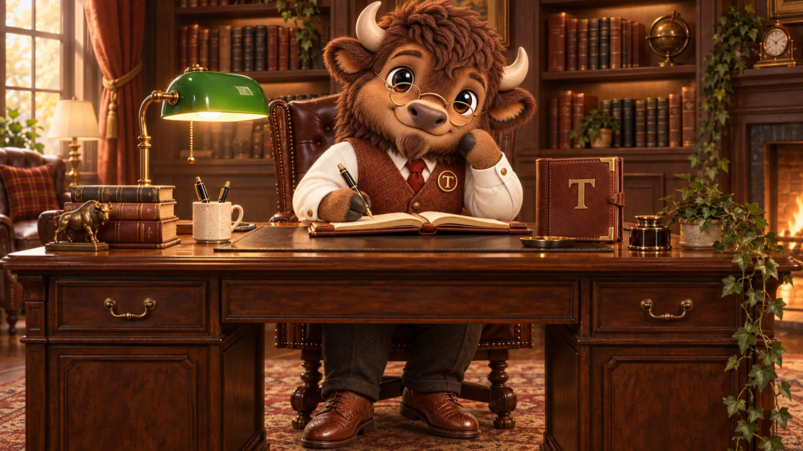 Tate, the FirmWebStudio bison mascot, writing in a leather ledger at a partner's desk in a library office